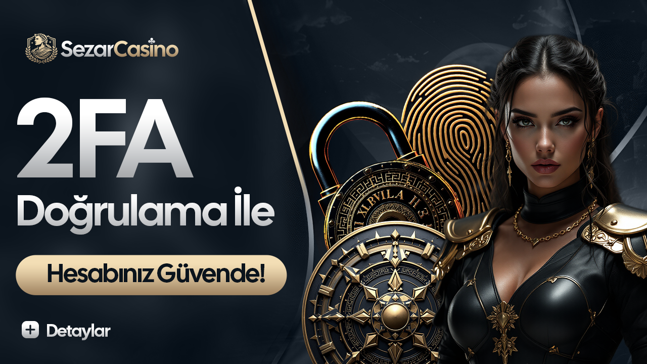 Sezar Casino 2FA doğrulama duyurusu; kilit, kalkan ve parmak izi tasarımı.