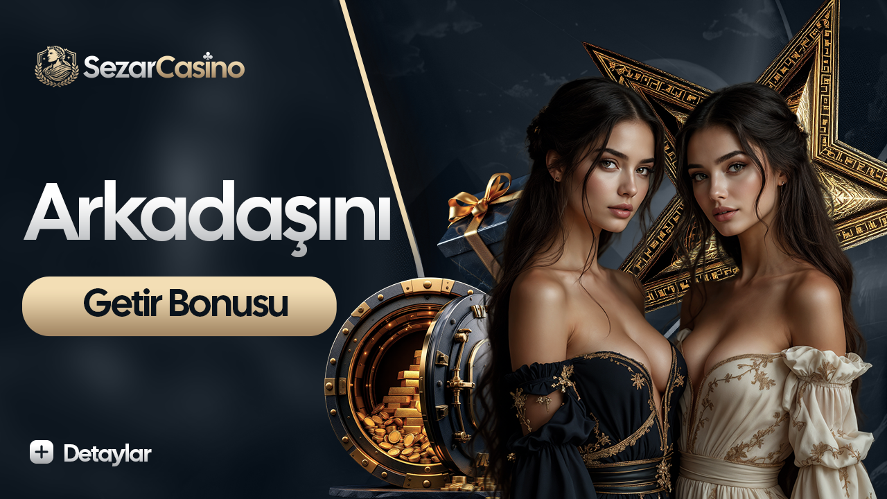 Sezar Casino arkadaşını getir bonusu başlıklı, iki kişi ve hediye kutulu duyuru görseli.