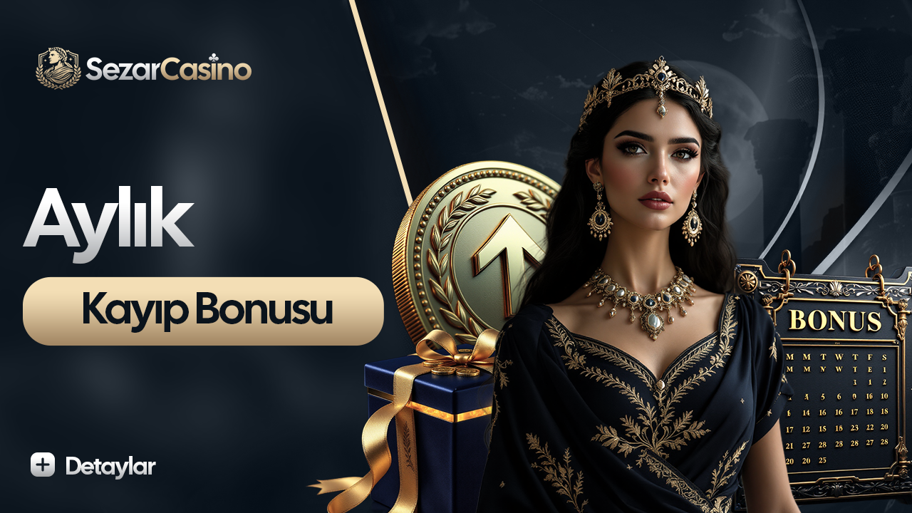 Sezar Casino aylık kayıp bonusu başlığı, hediye kutusu ve takvim motifli duyuru görseli.