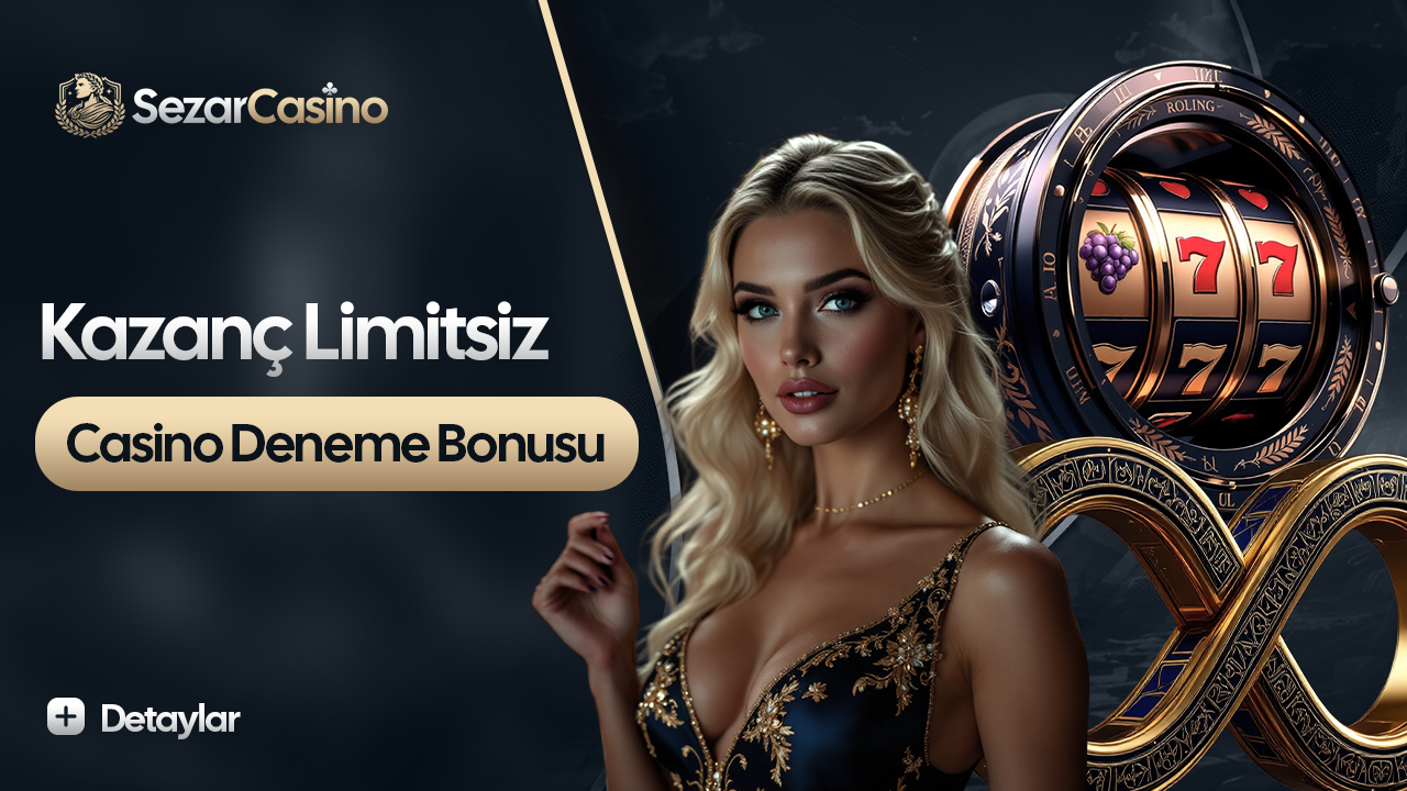 Sezar Casino'nun casino deneme bonusu ve kazanç limitsiz mesajını taşıyan slot temalı duyuru görseli.