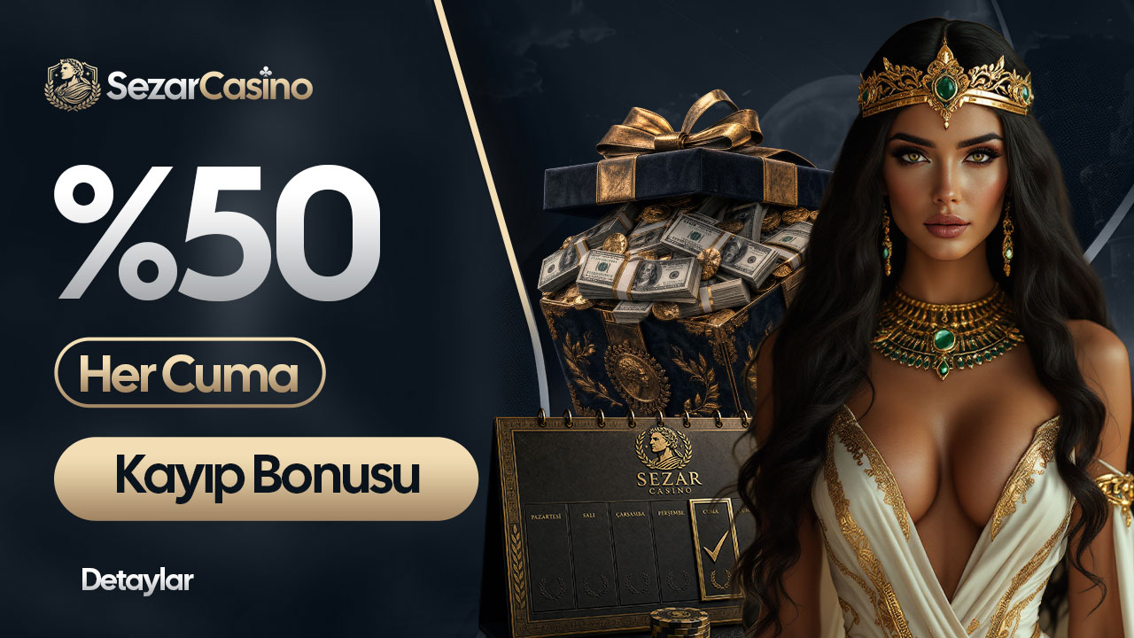 Sezar Casino yüzde 50 her cuma kayıp bonusu mesajı ve cuma günü işaretli takvim görseli.