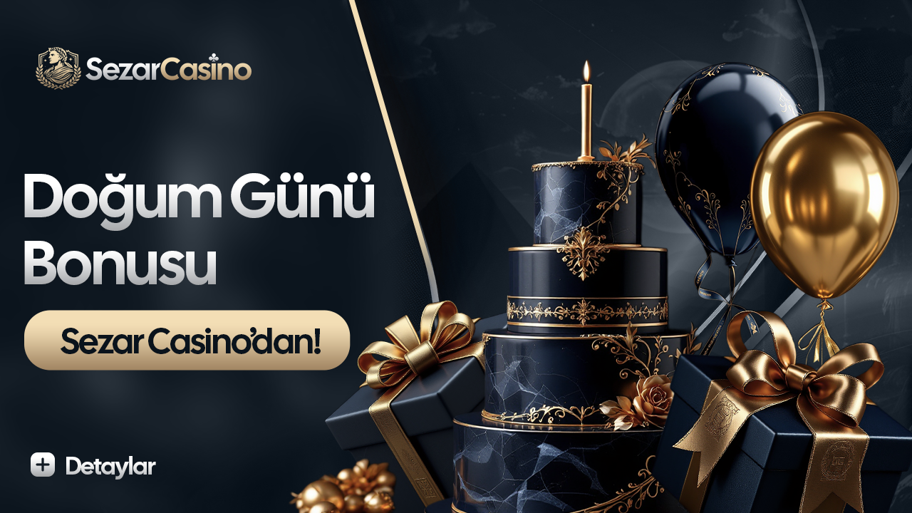 Sezar Casino doğum günü bonusu başlığı, pasta, balonlar ve hediye kutuları bulunan görsel