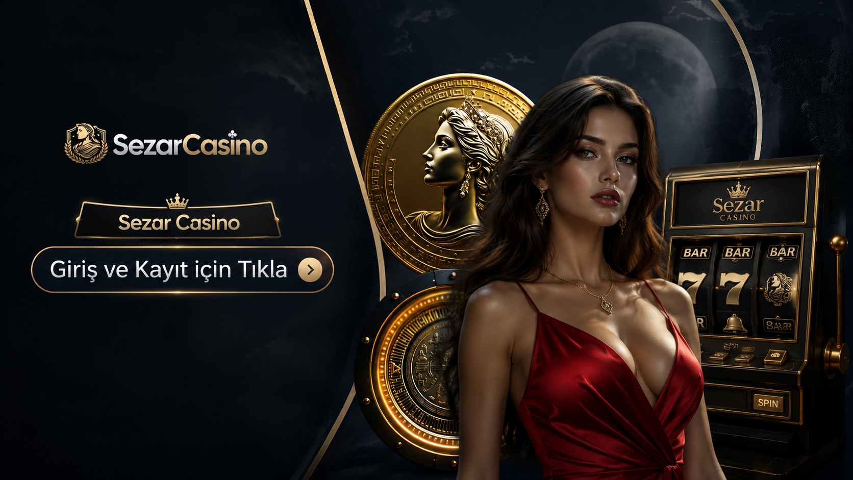 Sezar Casino logosu ve resim içine yazılmış Giriş ve Kayıt için Tıkla ifadesi bulunan marka görseli