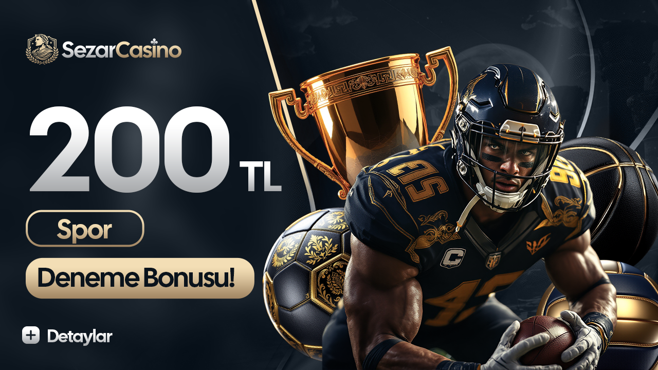 Sezar Casino 200 TL spor deneme bonusu başlıklı, kupa ve sporcu içeren duyuru görseli