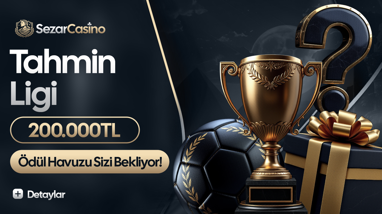 Sezar Casino Tahmin Ligi ve 200000 TL ödül havuzu yazılı kupa ve hediye temalı görsel